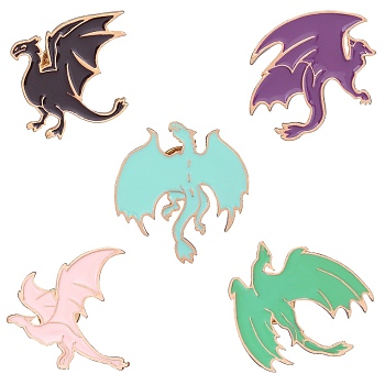 5Pcs 5 Style Dragon Enamel Pin, Light Gold Alloy Brooches, Mixed Color, 25.5~35x29~35x2mm, 1pc/style