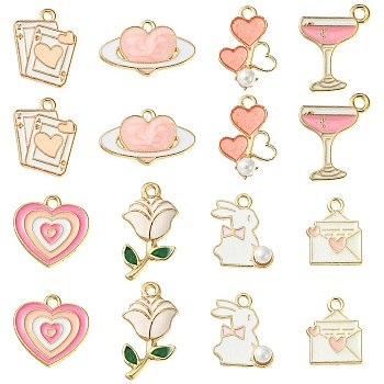 16Pcs 8 Styles Valentine's Day Alloy Enamel Pendants, Mixed Shapes, Mixed Color, 12.5~20x12~21x1~5mm, Hole: 1.2~2mm, 2pcs/style