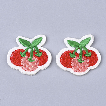 Computerized Embroidery Cloth Iron On Patches, Costume Accessories, Appliques, Cherry, White, 28x31x1.5mm