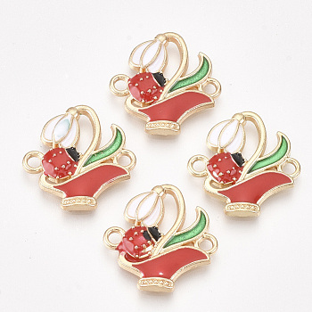Alloy Links connectors, with Enamel, Flower with Ladybird, Golden, Red, 18x18x2mm, Hole: 1.8mm