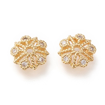 5-Petal Brass Fancy Bead Caps, with Clear Cubic Zirconia, Long-Lasting Plated, Flower, Golden, 9x3mm, Hole: 1.4mm