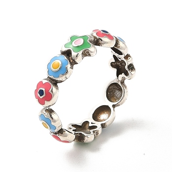 Enamel Flower Finger Ring, Antique Silver Brass Jewelry for Women, Colorful, US Size 7 1/4(17.5mm)
