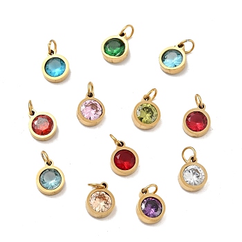 Vacuum Plating 304 Stainless Steel Pendants, with Cubic Zirconia and Jump Rings, Single Stone Charms, Flat Round, Golden, Mixed Color, 9.5x7.5x3mm, Hole: 3.6mm