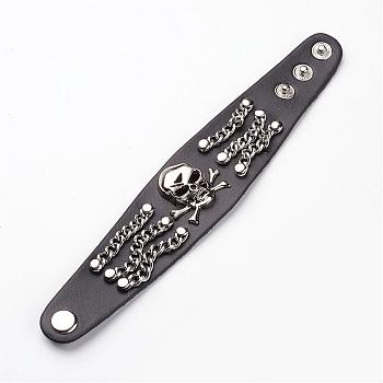 Punk Rock Style Cowhide Leather Rivet Bracelets, with Alloy & Iron Findings, Skull, Black, 220x42x2mm(8-5/8 inchx1-3/4 inch)