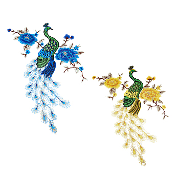 Nbeads 2Pcs 2 Colors Flower and Peacock Pattern Polyester Fabric Computerized Embroidery Cloth Sew on Appliques, Costume Cheongsam Accessories, Mixed Color, 400x305x1mm, 1pc/color