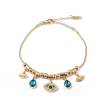 Rhineston Teardrop & Eye Charm Bracelet, Ion Plating(IP) 304 Stainless Steel Jewelry for Women, Golden, 7-1/4 inch(18.5cm)