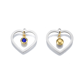 201 Stainless Steel Pendants, with Rhinestone, Heart with Flat Round, Real Gold Plated & Stainless Steel Color, Montana, 23x24x1mm, Hole: 1.6mm