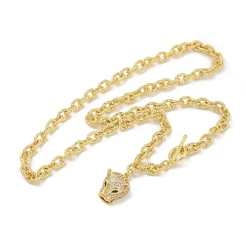 Brass Micro Pave Cubic Zirconia Leopard Pendant Cable Chain Necklaces, Real 18K Gold Plated, Clear, 19.69 inch(50cm)