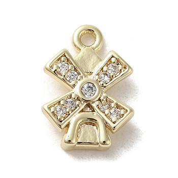 Brass Micro Pave Cubic Zirconia Charms, Windmill, Golden, 11x8x2.5mm, Hole: 1~1.2mm