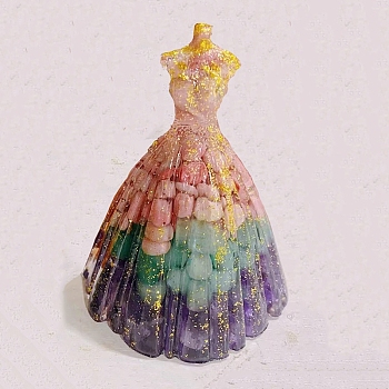 Natural Gemstone Chip & Resin Craft Display Decorations, Glittered Wedding Dress Figurine, for Home Feng Shui Ornament, 56x83mm