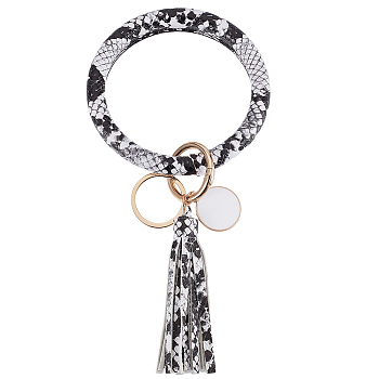 Snakeskin Pattern PU Imitaition Leather Bangle Keychains, Wristlet Keychain with Tassel & Alloy Ring, Golden, White, 80mm