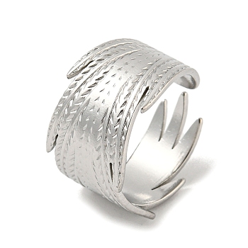 304 Stainless Steel Open Cuff Ring, Feather, Stainless Steel Color, US Size 7 1/4(17.5mm)