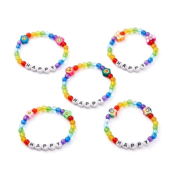 Transparent & Opaque Acrylic Beaded Bracelets for Kids, with Handmade Polymer Clay Beads, Word Happy, Mixed Shape, Mixed Color, Inner Diameter: 1-7/8 inch(4.8cm)