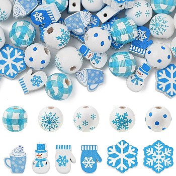 110Pcs 11 Styles Christmas Winter Theme Printed Wood Beads, Dyed, Mixed Shapes, Mixed Shapes, 15.5~19.5x12.5~17.5x5.5~16mm, Hole: 2~4.5mm, 10pcs/style