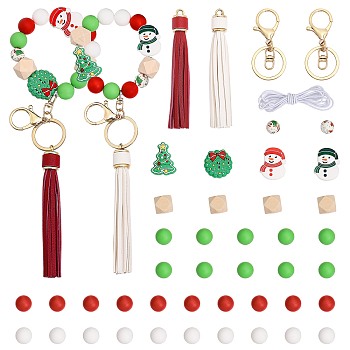 DIY Christmas Keychain Wristlet Making Kit, Including Bell & Tree & Snowman Silicone & Wood Polygon Beads, Imitation Feather Tassel Big Pendants Decorations, Iron Alloy Clasp Keychain, Mixed Color, 44Pcs/box