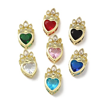 Rack Plating Brass Cubic Zirconia Pendants, with Glass, Long-Lasting Plated, Lead Free & Cadmium Free, Real 18K Gold Plated, Heart, Mixed Color, 21.5x13x8mm, Hole: 6x3mm and 4.5x3mm
