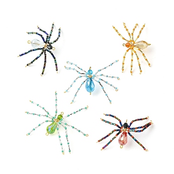 MIYUKI Seed & Glass Beaded Pendants, with Golden Stainless Steel Wire Findings, Spider Charms, Mixed Color, 30~30.5x64~66x10mm, Hole: 1.2~1.8mm
