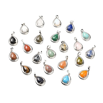 Natural & Synthetic Mixed Stone Pendants, Teardorp Charms, with Rack Plating Platinum Tone Brass Findings, Cadmium Free & Lead Free, Mixed Dyed and Undyed, 30.5x20x8mm, Hole: 8x5mm