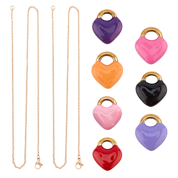 Unicraftale DIY Valentine's Day Themed 304 Stainless Steel Necklaces Making Kits, Including Link Chain Necklace Making & Heart Lock Charms, with Enamel, Mixed Color, Chain Necklace: 17.7 inch, 7pcs/box