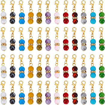 48Pcs 12 Styles Iron & Round Glass Pendant Decorations, with Alloy Lobster Claw Clasps, Mixed Color, 35mm, 4pcs/style