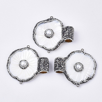 Freshwater Shell Chandelier Components Links, with Gunmetal Iron Loop, Polymer Clay Rhinestones, Pearl & Brass Findings, Flower, Jet Hematite, 53~55x57~58x14mm, Hole: 9mm & 2mm