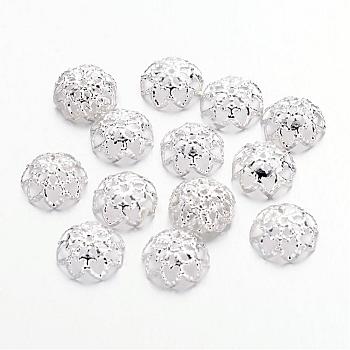 Iron Fancy Bead Caps, Flower, Silver Color Plated, 9x4mm, Hole: 1mm, about 100pcs/10g