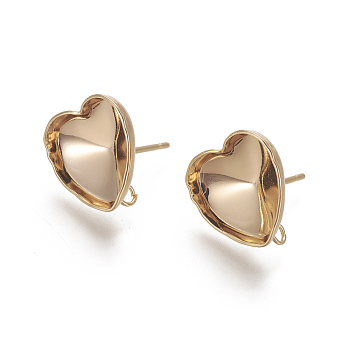 304 Stainless Steel Stud Earring Settings, with Loop, Heart, Real 18K Gold Plated, 14.3mm, Heart: 13.4x13.3mm, Hole: 1.8mm, Pin: 0.8mm, Tray: 12x10.5mm
