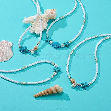 4 stücke 4 stil natürliche perle & muschel & gefärbte synthetische türkis perlen halsketten set(NJEW-JN04039)-2