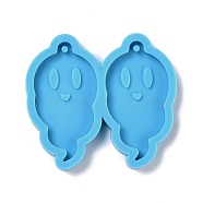 Halloween Theme DIY Pendant Silicone Molds, for Earring Making, Resin Casting Molds, For UV Resin, Epoxy Resin Jewelry Making, Ghost, Deep Sky Blue, 43x48x4mm, Hole: 2mm, Inner Diameter: 38x21mm(DIY-F102-15)