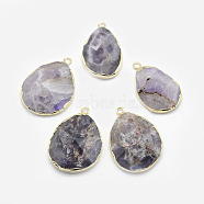 Natural Chevron Amethyst Pendants, with Brass Findings, Faceted, teardrop, Golden, 31~35x20~25x7~9mm, Hole: 2.5mm(G-I207-14B-G)