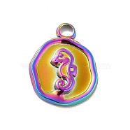 Ion Plating(IP) 304 Stainless Steel Pendants, Flat Round with Sea Horse, Rainbow Color, 16x13x2mm, Hole: 2mm(STAS-F282-07MC)