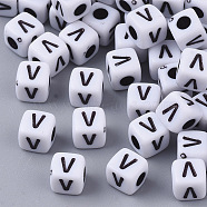 White Opaque Acrylic Beads, Horizontal Hole, Cube with Black Alphabet, Letter.V, 4~5x4~5x4~5mm, Hole: 1.8mm, about 6470~6500pcs/500g(MACR-R869-02V)