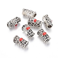 Antique Silver Plated Alloy Beads, with Acrylic Rhinestone, Tube, Red, 22.5x11x12mm, Hole: 7x6mm(PALLOY-L225-A02-AS)