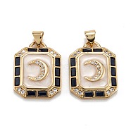 Brass Micro Pave Clear Cubic Zirconia Pendants, with Enamel, Octagon with Moon, Blue, Real 18K Gold Plated, 23x17.5x3mm, Hole: 5.5x3.5mm(ZIRC-A020-16G)