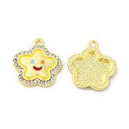 Rack Plating Alloy Crystal Rhinestone Pendants, with Colorful Enamel, Star with Smiling Face Charms, Cadmium Free & Nickel Free & Lead Free, Light Gold, 17.6x17x2.5mm, Hole: 1.6mm(FIND-C018-28LG-02)