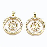 Brass Micro Pave Clear Cubic Zirconia Pendants, Cadmium Free & Nickel Free & Lead Free, Flat Round with Snake, Real 16K Gold Plated, 27x25x2.5mm, Hole: 5x3mm(ZIRC-S067-046-NR)
