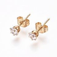 304 Stainless Steel Stud Earrings, with Rhinestone and Ear Nuts/Earring Back, Flat Round, Crystal, Golden, 15.5x6.5mm, Pin: 0.6mm, 12pairs/card(EJEW-I229-03G-B)