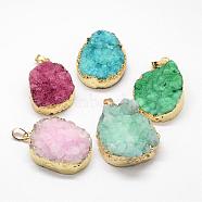 Electroplated Natural & Dyed Druzy Agate Pendants, with Golden Plated Brass Findings, Mixed Color, 39~75x25~50x10~20mm, Hole: 8x5mm(G-N0167-023B)