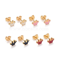 304 Stainless Steel Enamel Stud Earrings, with 316 Surgical Stainless Steel Pin & Glitter Powder, Golden, Crown, Mixed Color, 7x8x1.5mm, Pin: 0.8mm(EJEW-B009-03G)