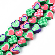 Handmade Polymer Clay Beads Strands, Heart with Word Love & Tartan Pattern, Medium Sea Green, 9~9.5x10~11x4~5mm, Hole: 1.5~1.8mm, about 40pcs/strand, 15.35 inch(39cm)(CLAY-N010-078A)