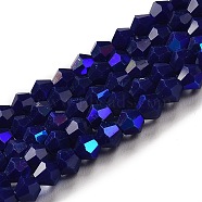 Opaque Solid Color Imitation Jade Glass Beads Strands, AB Color Plated, Faceted, Bicone, Dark Blue, 4x4mm, Hole: 0.8mm, about 82~85pcs/strand, 12.01~12.2 inch(30.5~31cm)(EGLA-A039-P4mm-L10)