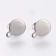 304 Stainless Steel Stud Earring Findings, with Loop and Flat Plate, Flat Round, Stainless Steel Color, 10.5x8x0.6mm, Hole: 1.2mm, Pin: 0.8mm(STAS-K184-02-01P)