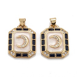 Brass Micro Pave Clear Cubic Zirconia Pendants, with Enamel, Octagon with Moon, Blue, Real 18K Gold Plated, 23x17.5x3mm, Hole: 5.5x3.5mm(ZIRC-A020-16G)