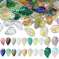 140Pcs 19 Style Glass Pendants, Leaf Charms, Mixed Color, 17.5~23.5x10~15x2.9~4mm, Hole: 1.2~1.5mm(GLAA-YW0003-47)