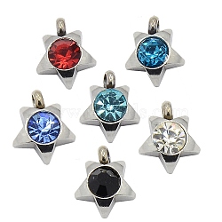 201 Stainless Steel Rhinestone Star Charm Pendants, Grade A, Faceted, Mixed Color, 9x8x3mm, Hole: 1mm(RB-M030-01)