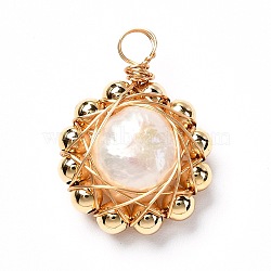 Natural Freshwater Pearl Bead Pendants, with Brass Beads and Eco-Friendly Copper Wire, Real 18K Gold Plated, Round, Bisque, 26x19x9.5mm, Hole: 4mm(PALLOY-JF00925)