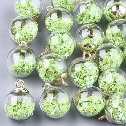 Glass Ball Pendants, with Glitter Sequins and CCB Plastic Findings, Round with Star, Lime, 21x15.5~16mm, Hole: 2mm(GLAA-T003-08A)