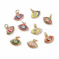 Brass Micro Pave Clear Cubic Zirconia Charms, with Enamel, Eye, Real 18K Gold Plated, Mixed Color, 10x12x3mm, Jump Ring: 5x1mm, 3mm Inner Diameter(KK-C100-15G)