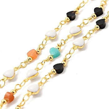 Natural Mixed Gemstone Heart Beaded Chains, with Gold Plated Brass Heart Link Chains with Enamel, Long-Lasting Plated, Soldered, with Spool, Cadmium Free & Lead Free, 16x4x2.5mm, 9.5x5x3.5mm