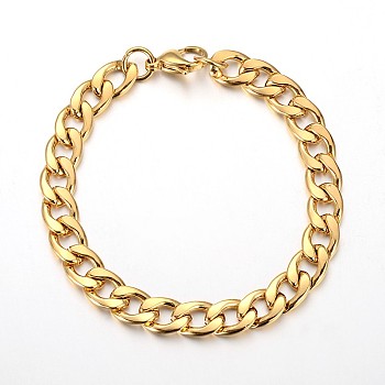 304 Stainless Steel Cuban Link Chain Bracelets, with Lobster Claw Clasps, Golden, 8-1/2 inch(215mm)~8-7/8 inch(225mm), 9x2mm